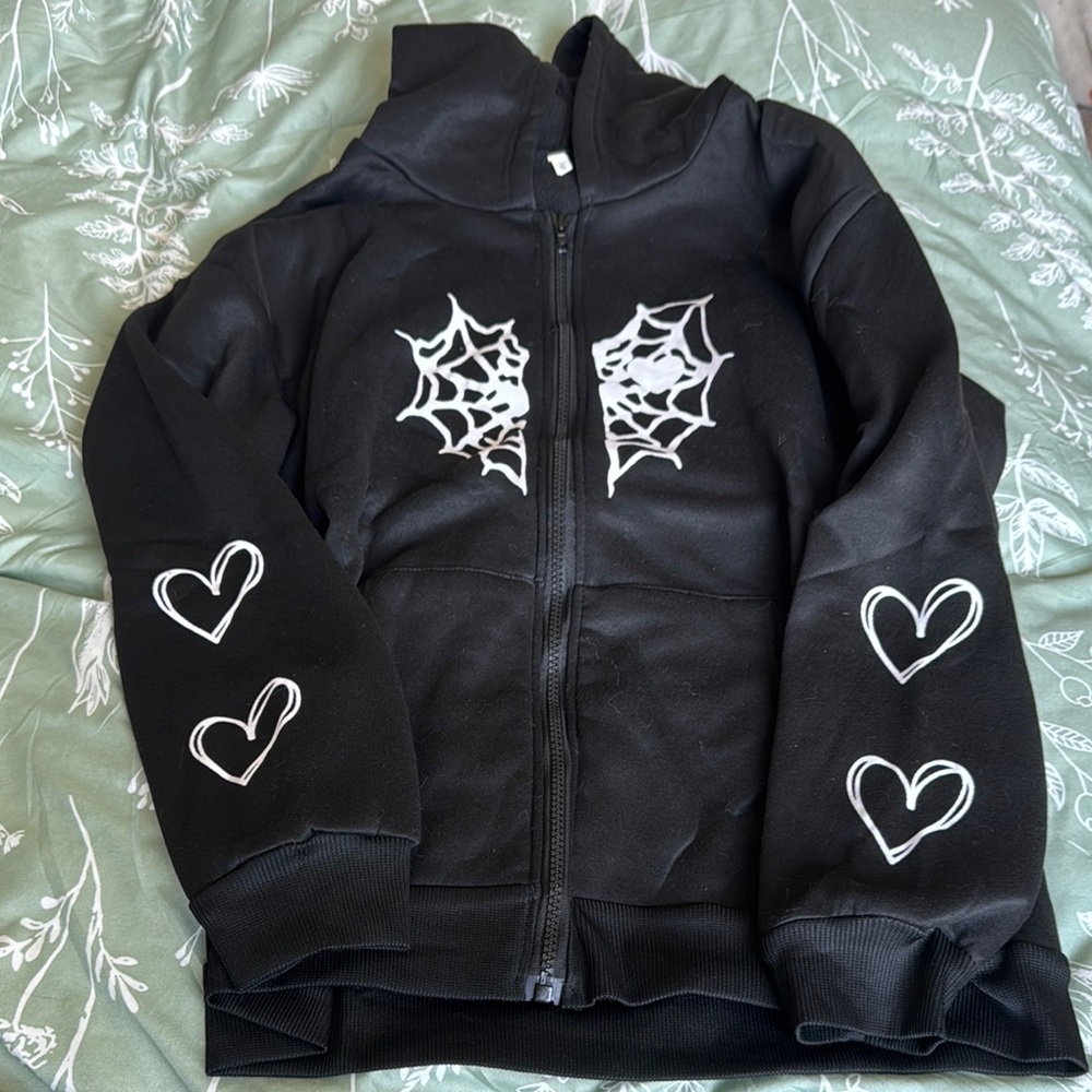 Black Hoodie with Spider Web and Heart Design
